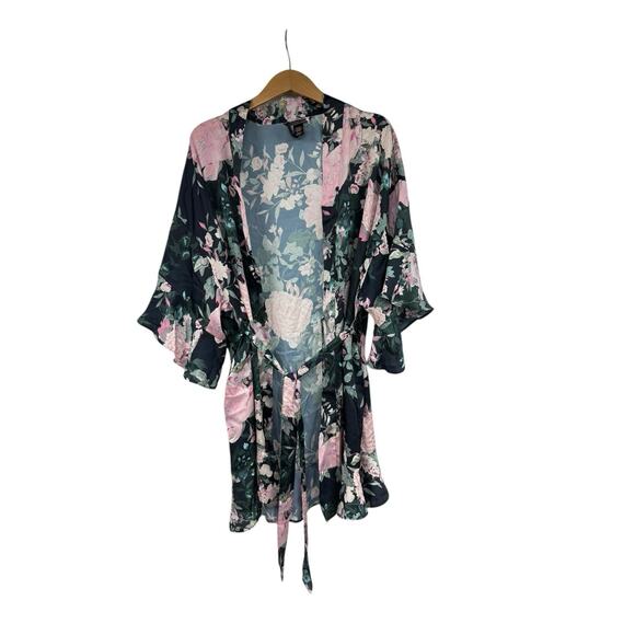 Victoria’s Secret Navy Blue Floral Satin Ruffle Sleeve Short Robe Lingerie M/L - Picture 1 of 7